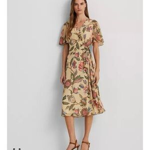 NWT Ralph Lauren Floral Belted Crinkle Georgette Dress Size 14